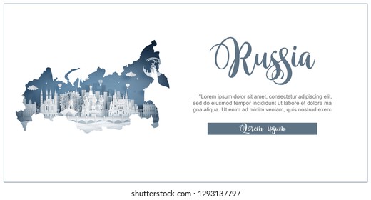 Tour and travel advertising template with travel to Moscow, Russia with famous landmarks in paper cut style vector illustration