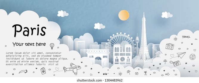 Tour and travel advertising template with travel to Paris, France with famous landmarks in paper cut style vector illustration