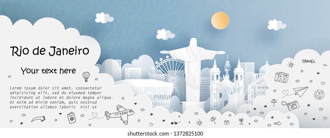 Tour and travel advertising template with travel to Rio de Janeiro, Brazil with famous landmarks in paper cut style vector illustration 