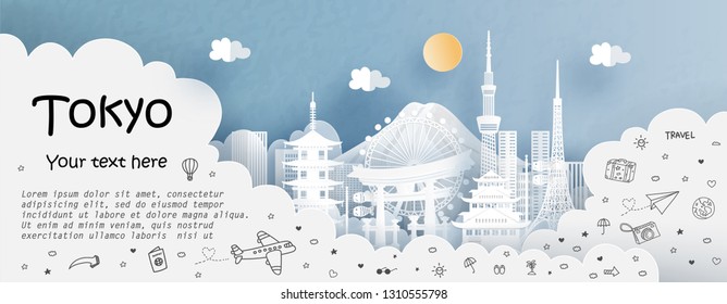 Tour and travel advertising template with travel to Tokyo, Japan with famous landmarks in paper cut style vector illustration