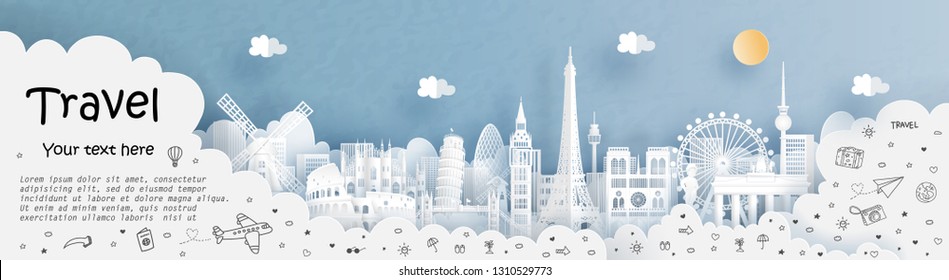 Plantilla de publicidad de viajes y viajes con viajes con el mundo con Francia, Inglaterra, Italia, Holanda y Europa famosos hitos en el estilo de corte de papel ilustración vectorial