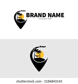 Tour and Travel Agency Logo with airplane, palms and location. 
Tourism and Vacation Logo template