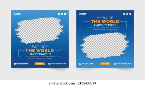 Tour Travel agency promotion template. Tour social media post. Travel vacation square discount offer banner. Outdoor adventure discount offer template. Holidays travel tour social media template. 