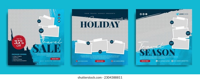 Tour and travel business promotion social media post template with brush stroke background. Summer holiday traveling online marketing flyer, banner or poster. Travel web banner with grunge paint brush