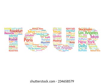 TOUR travel concept made with words cities names, vector collage