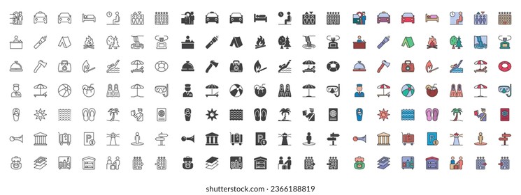 Tour and travel different style icon set. Line, glyph and filled outline colorful version, outline and filled vector sign. Tourism symbol, logo illustration. Vector graphics