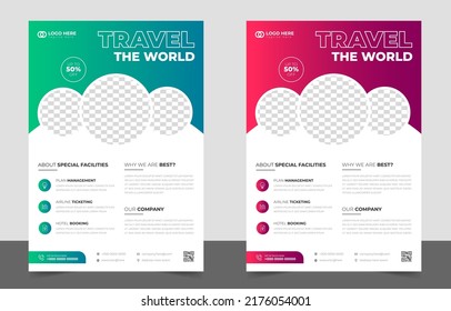 Tour And Travel Flyer. Tour And Travel Flyer Design Template With Green And Red Color.  Flyer Design For Tour And Travel Business Concept. Travel The World Flyer With Unique Shape.