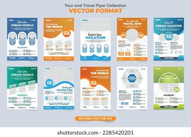 Tour and travel flyer template collection with orange, green, and blue colors. Modern touring business promotional leaflet and poster set vector. Travel agency advertisement flyer bundle vector.