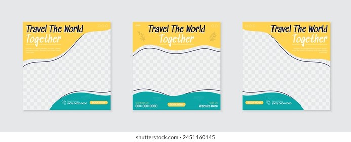 Tour travel holiday vacation social media post design, set of abstract square web banner ads, poster or flyer for summer beach traveling business offer promotion marketing, easy to use and edit