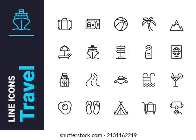 Tour and travel icons set vector illustration. Spend summer on resort, travelling line icon. Holiday, recreation and relaxation concept