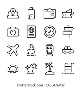Tour and travel line icons set vector illustration. Contains such icon as ticket, transport, beach, compass, passport, and more. Editable stroke Tour and travel line icons set vector illustration. Contains such icon as ticket, transport, beach, compass, passport, and more. Editable stroke