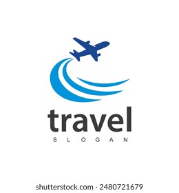 Logotipo de viaje y tour, ilustración de avión volador