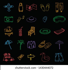 Tour and travel outline icon set. Vector illustration in hand graphic style. Colored signs on a black background.