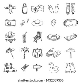 Tour and travel outline icon set. Vector illustration in hand graphic style. Black signs on a white background.