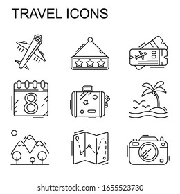 Tour and travel outline icon set vector illustration. Eight icons.