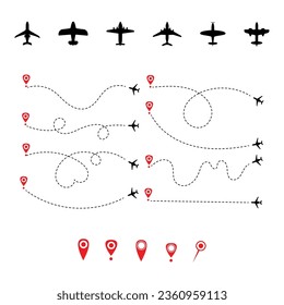 Tour and travel outline icon set vector illustration. Different type of air plane icons, dotted traveling lines, trending icons used to design travels banner, poster, design. 