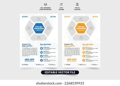 Tour and travel promotional flyer design with photo placeholders. Creative vacation planner agency template with blue and orange colors. Touring group advertisement poster and leaflet design.