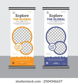 Plantilla de diseño de Anuncios de viajes y rollup de viajes Anuncio de rollup de agencias de viajes. Estilo Standee. Plantilla de Diseño de Anuncio. Ilustración en formato de Vector