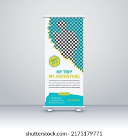 Tour and Travel rollup or X banner or universal roll-up banner design template for business.	