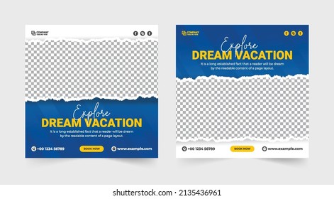 Tour and travel social media post. Travel agency promotion and advertisement template. Travel holiday vacation discount offer template. outdoor adventure vector template. Traveling and hiking banner.