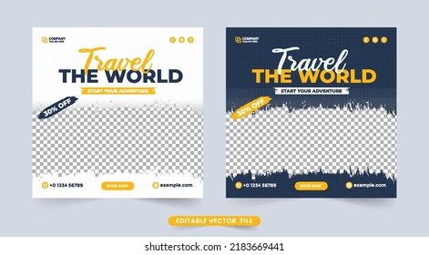 Tour and travel social media post. Travel agency advertisement banner vector. Vacation and adventure planner flyer design. Tour and travel banner template for social media advertising elements.