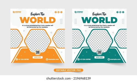 Tour And Travel Social Media Post Design With Green And Orange Colors. Travel Agency And Touring Group Ad Banner Vector With Abstract Shapes. Vacation Planner Template Design For Travel Business.