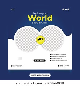 Tour and travel social media post template design. Tour Travel agency promotion template design. Vacation planner organization template. travel adventure discount offer for social media template.