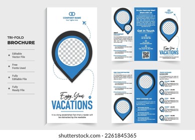 Planilla de folletos de tres pliegues turísticos y de viaje con colores azul y oscuro. Diseño de afiches publicitarios de agencias de viajes con sección de descuento. Folleto de promoción de negocios para planificadores de vacaciones para marketing.