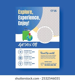 Tour travel vacation agency print flyer or poster template, modern abstract holiday vacation packages advertising flyer poster, leaflet, brochure cover design with easy editable