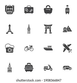 Juego de iconos de los vectores de recorrido y viaje, colección moderna de símbolos sólidos, paquete de pictogramas estilo relleno. Señales, ilustración del logotipo. El juego incluye iconos como equipaje, equipaje, bolso de viaje, vacaciones, cámara, avión