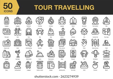 Tour Traveling icon set. Includes travel, tour, trip, vacation, tourism, adventure, journey, and More. Outline icons vector collection.