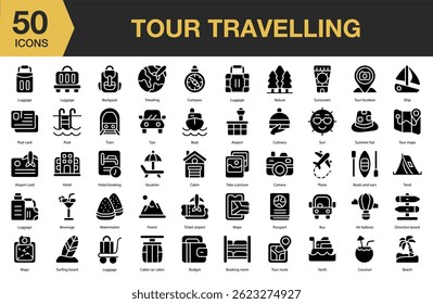 Tour Traveling solid icon set. Includes travel, tour, trip, vacation, tourism, adventure, journey, and More. Solid icons vector collection.