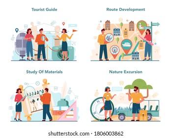 Tour vacation guide concept set. Tourists listening to the history of the city and attractions. Tour entertainment, nature excursion. Idea of traveling and learning. Isolated vector illustration