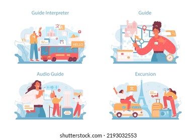 Tour vacation guide concept set. Tourists listening to the history of the city and attractions through audio guide or with interpreter. Tour entertainment at excursion. Flat vector illustration