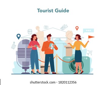 Tour vacation guide concept. Tourists listening to the history of the city and attractions. Tour entertainment, nature excursion. Idea of traveling and learning. Isolated vector illustration