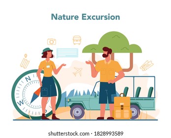 Concepto de guía de vacaciones turísticas. Turistas escuchando la historia de la ciudad y los lugares de interés. Animación turística, excursión por la naturaleza. Idea de viajar y aprender. Ilustración vectorial aislada