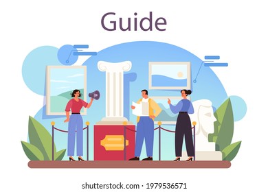 Tour vacation guide concept. Tourists listening to the history of the city and attractions. Tour entertainment. Idea of traveling and learning. Isolated vector illustration