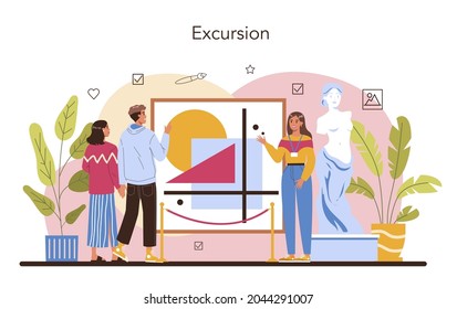 Concepto de guía de vacaciones turísticas. Turistas escuchando la historia de la ciudad y los lugares de interés. Animación en excursiones. Idea de viajar al extranjero. Ilustración vectorial aislada