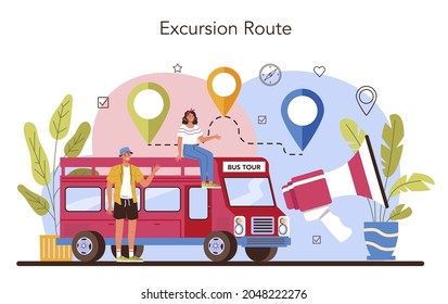 Tour vacation guide concept. Tourists listening to the history of the city and attractions. Tour entertainment at excursion. Idea of traveling abroad. Isolated vector illustration