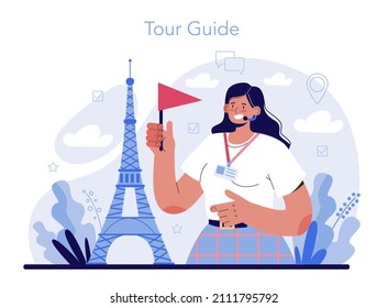 Tour Vacation Guide Concept. Tourists Listening To The History Of The City And Attractions. Tour Entertainment At Excursion. Idea Of Traveling Abroad. Flat Vector Illustration