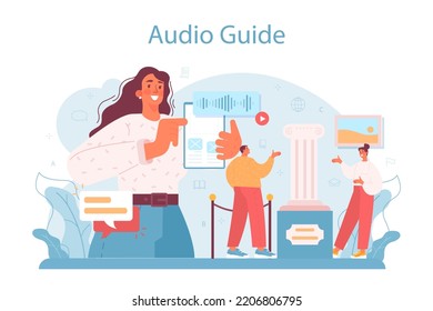 Tour vacation guide concept. Tourists listening to the history of the city and attractions through audio guide or with interpreter. Tour entertainment at excursion. Flat vector illustration