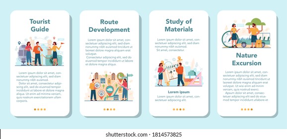 Tour vacation guide mobile application banner set. Tourists listening to the history of the city and attractions. Tour entertainment, nature excursion. Isolated vector illustration