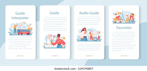 Tour vacation guide mobile application banner set. Tourists listening to the history of the city and attractions through audio guide or with interpreter. Tour entertainment. Flat vector illustration
