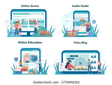 Tour vacation guide online service or platform set. Tourists listening to the history of the city and attractions. Tour entertainment. Online audio guide, education, video blog. Vector illustration