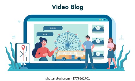 Tour vacation guide online service or platform. Tourists listening to the history of the city and attractions. Tour entertainment. Video blog. Vector illustration