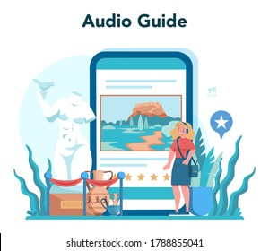 Tour vacation guide online service or platform. Tourists listening to the history of the city and attractions. Tour entertainment. Online audio guide. Vector illustration