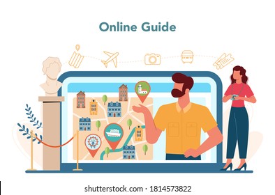 Tour vacation guide online service or platform. Tourists listening to the history of the city and attractions. Online guide. Isolated vector illustration