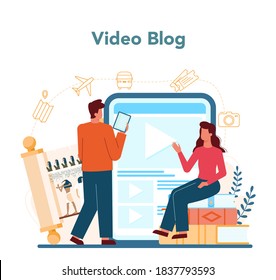 Tour vacation guide online service or platform. Tourists listening to the history of the city and attractions. Video blog. Isolated vector illustration