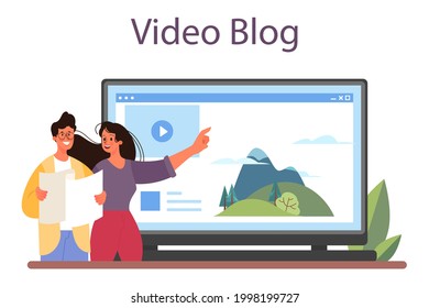 Tour vacation guide online service or platform. Tourists listening to the history of the city and attractions. Video blog. Isolated vector illustration