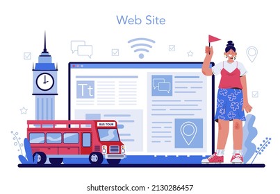 Tour vacation guide online service or platform. Tourists listening to the history of the city and attractions. Tour entertainment. Website. Flat vector illustration